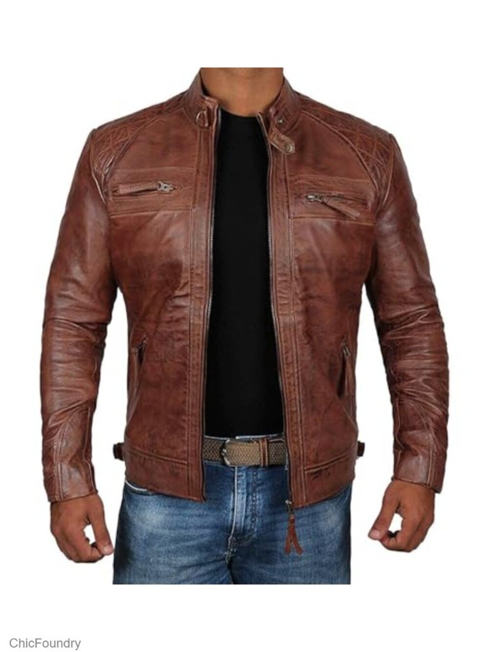 Tall Men's Real Lambskin Leather Cafe Racer Jacket Regular Fit